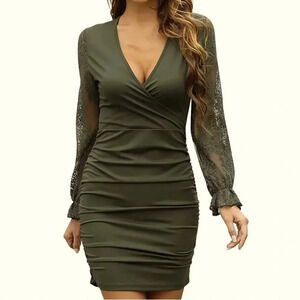 Women's Lace Long Sleeve Dress V-Neck Elegant Tight Folds Cocktail Dresses.